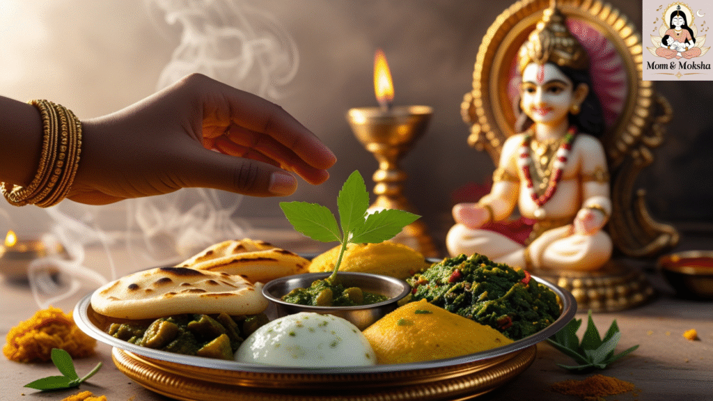 A mother offering simple sattvic food to Krishna with tulsi leaf_showing prasadam ritual from Bhagavad Gita 3.13