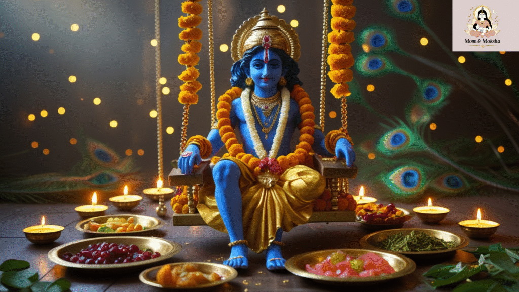 Lord Krishna idol on a swing with fasting thali