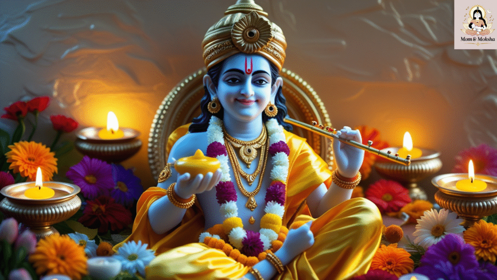 Lord Krishna idol with butter pot and flute decorated for Janmashtami
