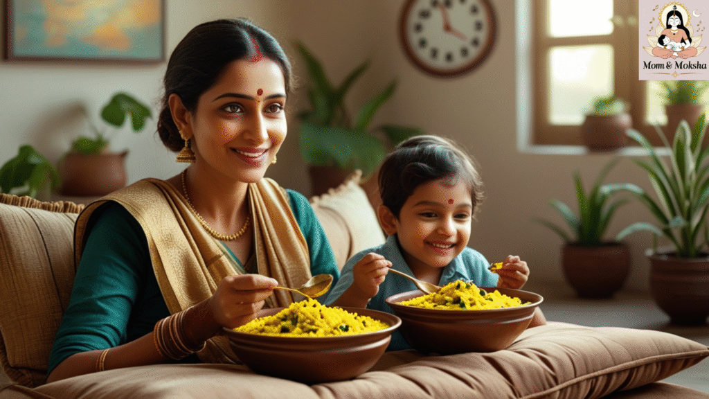 Mindful eating with child — Gita-inspired sattvic meal routine supporting balance and mental peace for mothers