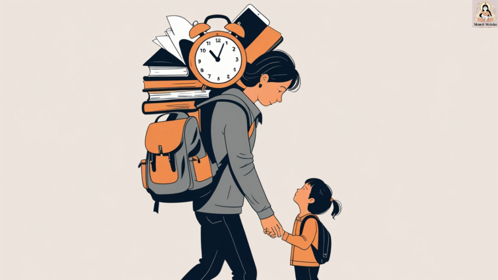 Parenting stress symbolic art of a parent overloaded with responsibilities.