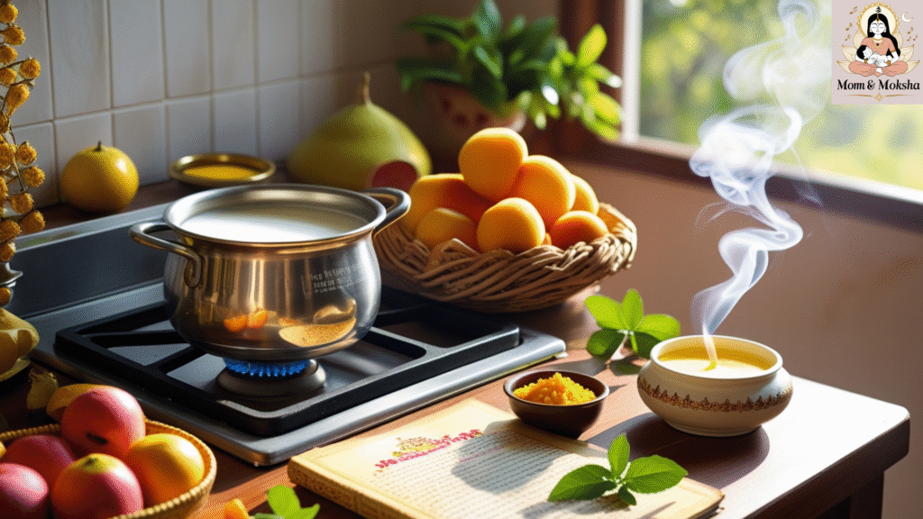 Sattvic Indian kitchen setup with cow milk_fruits_ghee_and Bhagavad Gita in the background promoting mindful eatin