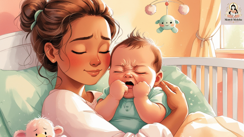 a mother cuddling her fussy baby in a warm, softly lit nursery, symbolizing comfort and love during colic episodes