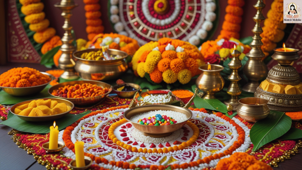 Colorful Annaprashan rice ceremony decoration with flowers, rangoli, brass utensils, and festive setup