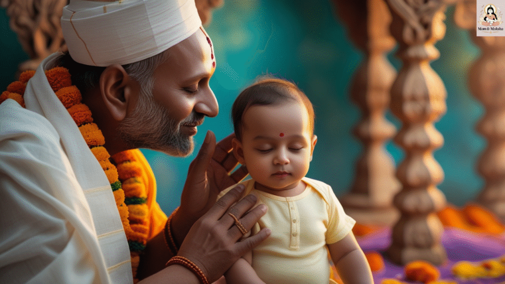 Hindu priest performing Naamkaran ritual.
