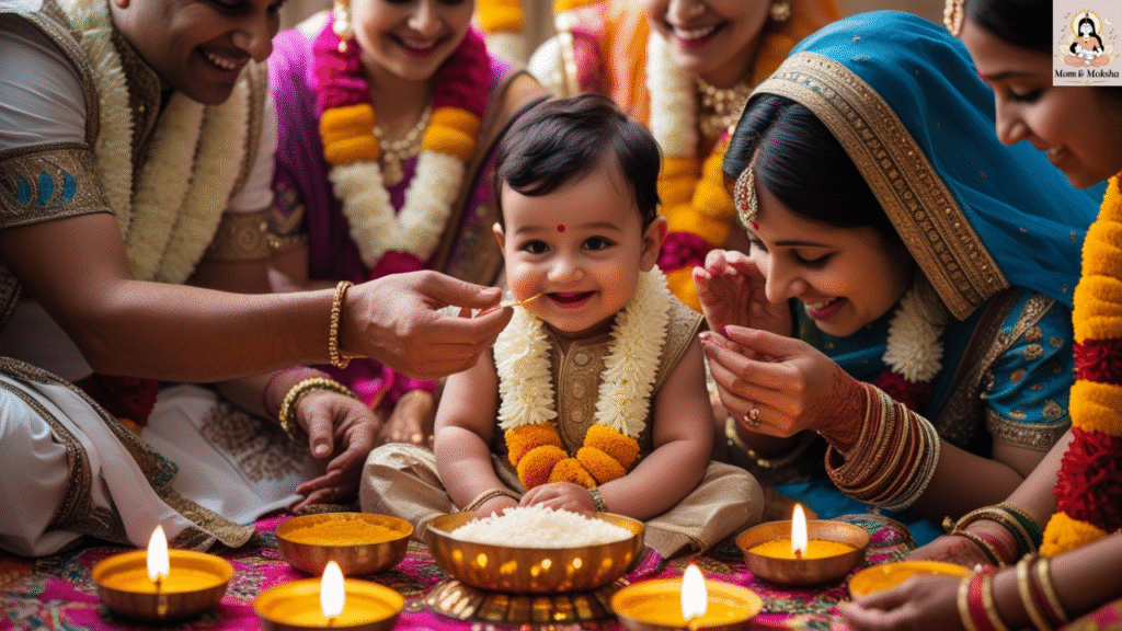Traditional Annaprashan ceremony where parents feed first rice to baby boy with blessings from family.